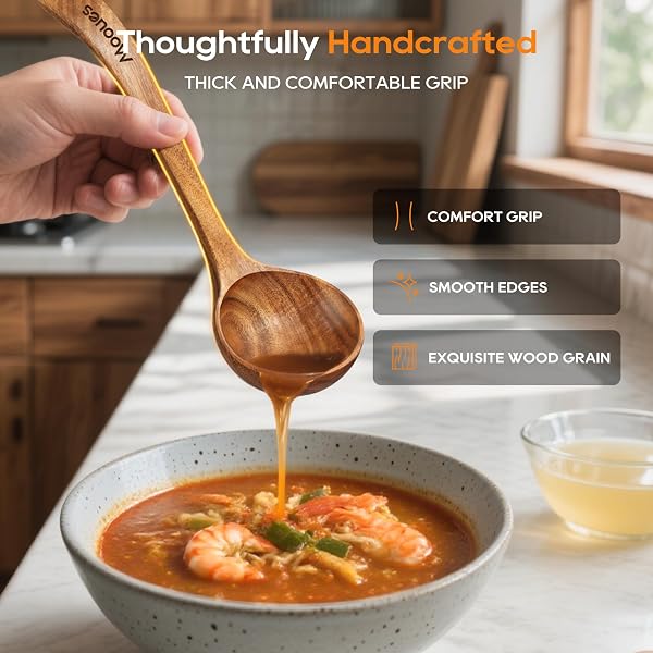 Wooden Ladle for Soup, 3 Size Teak Wood Ladle Spoon with Back Hooks, Heat Resistant Wooden Spoons for Cooking, Non-Stick, Comfortable Grip, Wood Kitchen Utensils Set for Serving, Stirring