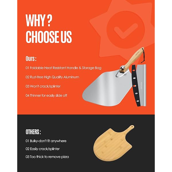 Mooues Pizza Peel Aluminum 12 inch Pizza Spatula with Rocker Cutter | Metal Pizza Paddle(12'x 14') Foldable Wood Handle, [Storage bag included], for Family Pizza Oven Baking Pizza, Dough& Pastry