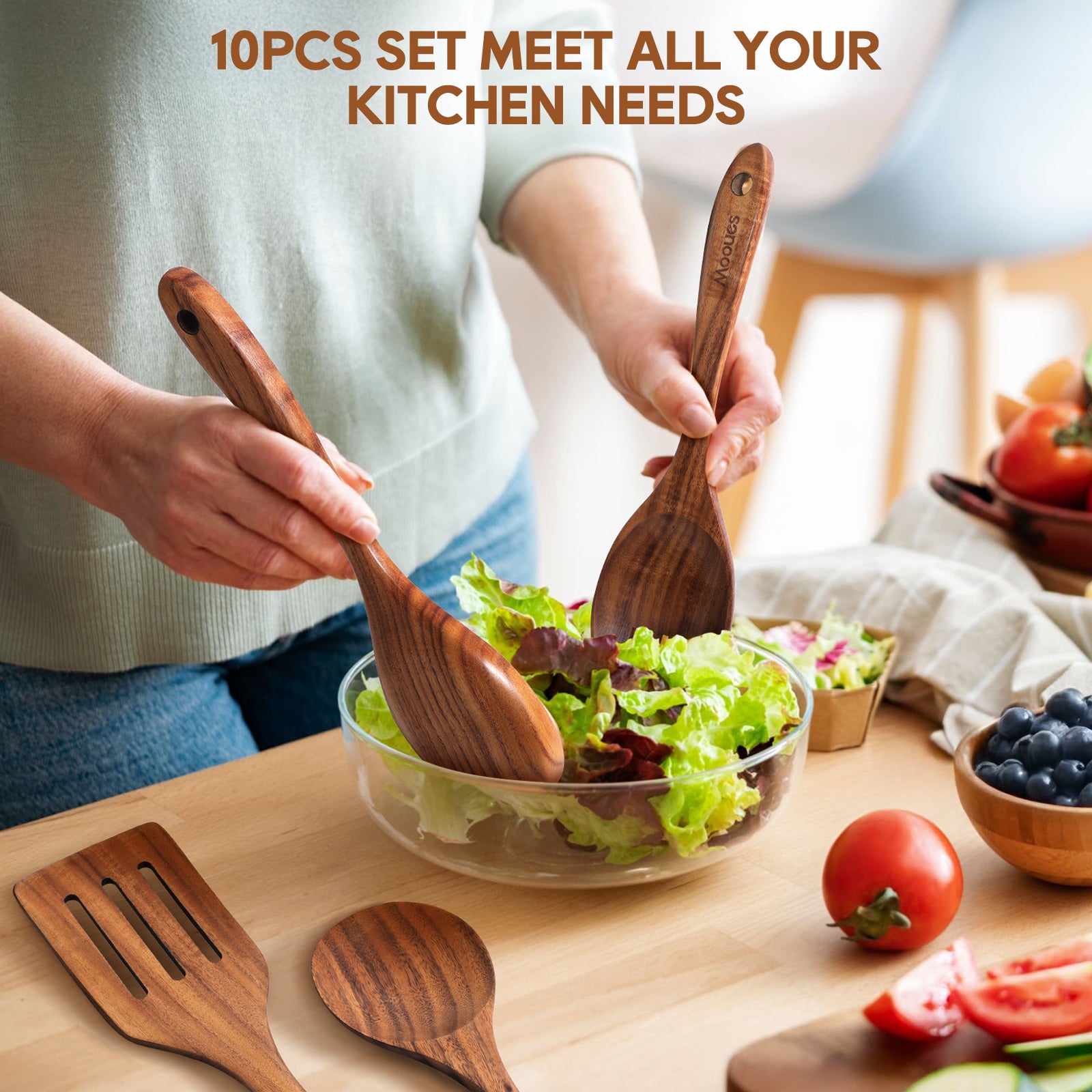 10PCS Teak Wood Cookware Utensil Set with Hooks