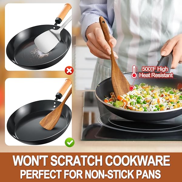 ACMETOP Wooden Spoons for Cooking, 9 Pcs Natural Teak Kitchen Utensil Set with Utensils Holder & Spoon Rest, Wooden Cooking Utensils for Nonstick Pans & Cookware