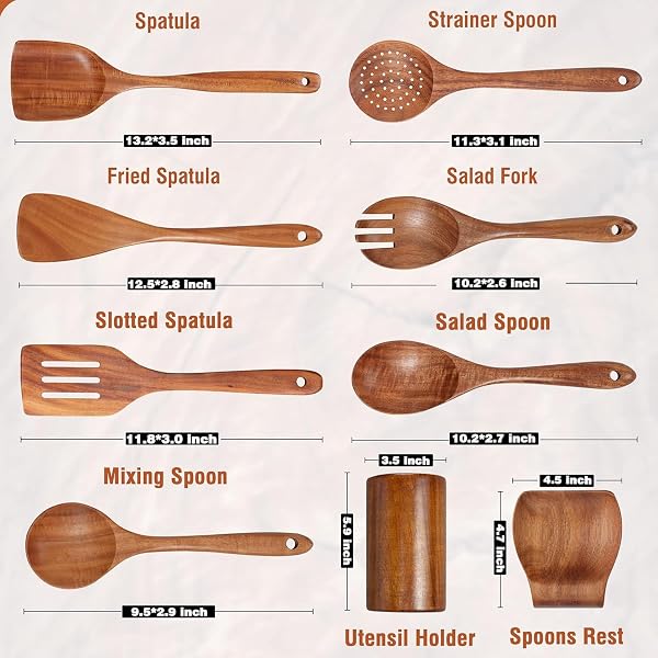 ACMETOP Wooden Spoons for Cooking, 9 Pcs Natural Teak Kitchen Utensil Set with Utensils Holder & Spoon Rest, Wooden Cooking Utensils for Nonstick Pans & Cookware