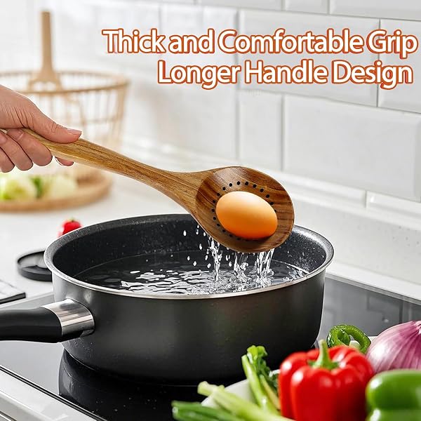 ACMETOP Wooden Spoons for Cooking, 9 Pcs Natural Teak Kitchen Utensil Set with Utensils Holder & Spoon Rest, Wooden Cooking Utensils for Nonstick Pans & Cookware