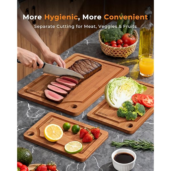 Bamboo Cutting Board for Kitchen, Knife-Friendly Wooden Cutting Boards Set 3-Piece with Juice Groove, Durable Chopping Boards for Meat, Vegetables, Fruits, Cheese – Multi-Purpose, Kitchen Gifts