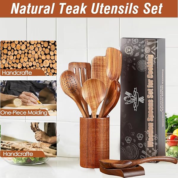 ACMETOP Wooden Spoons for Cooking, 9 Pcs Natural Teak Kitchen Utensil Set with Utensils Holder & Spoon Rest, Wooden Cooking Utensils for Nonstick Pans & Cookware
