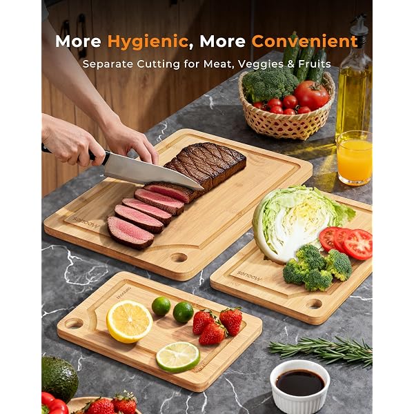 Bamboo Cutting Board for Kitchen, Knife-Friendly Wooden Cutting Boards Set 3-Piece with Juice Groove, Durable Chopping Boards for Meat, Vegetables, Fruits, Cheese(Natural)