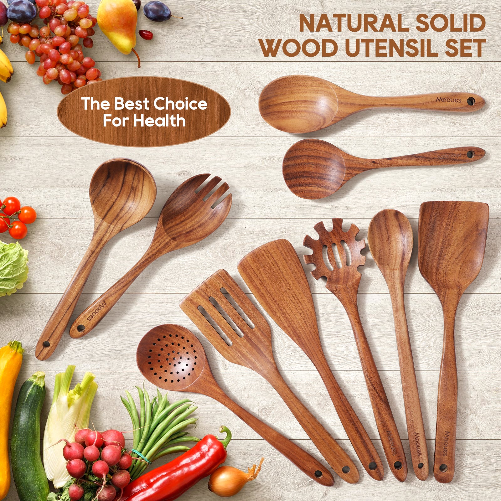 10PCS Teak Wood Cookware Utensil Set with Hooks