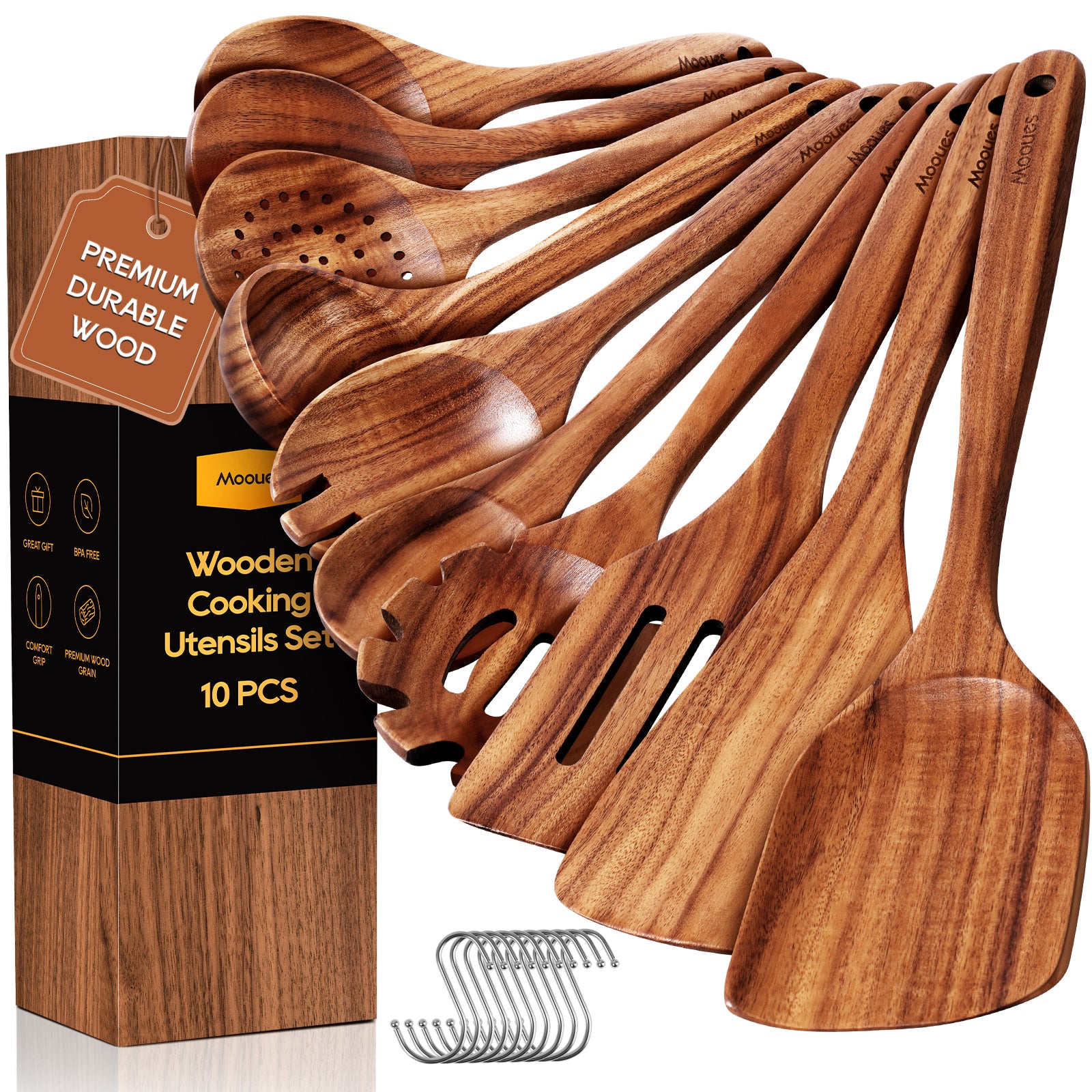 10PCS Teak Wood Cookware Utensil Set with Hooks