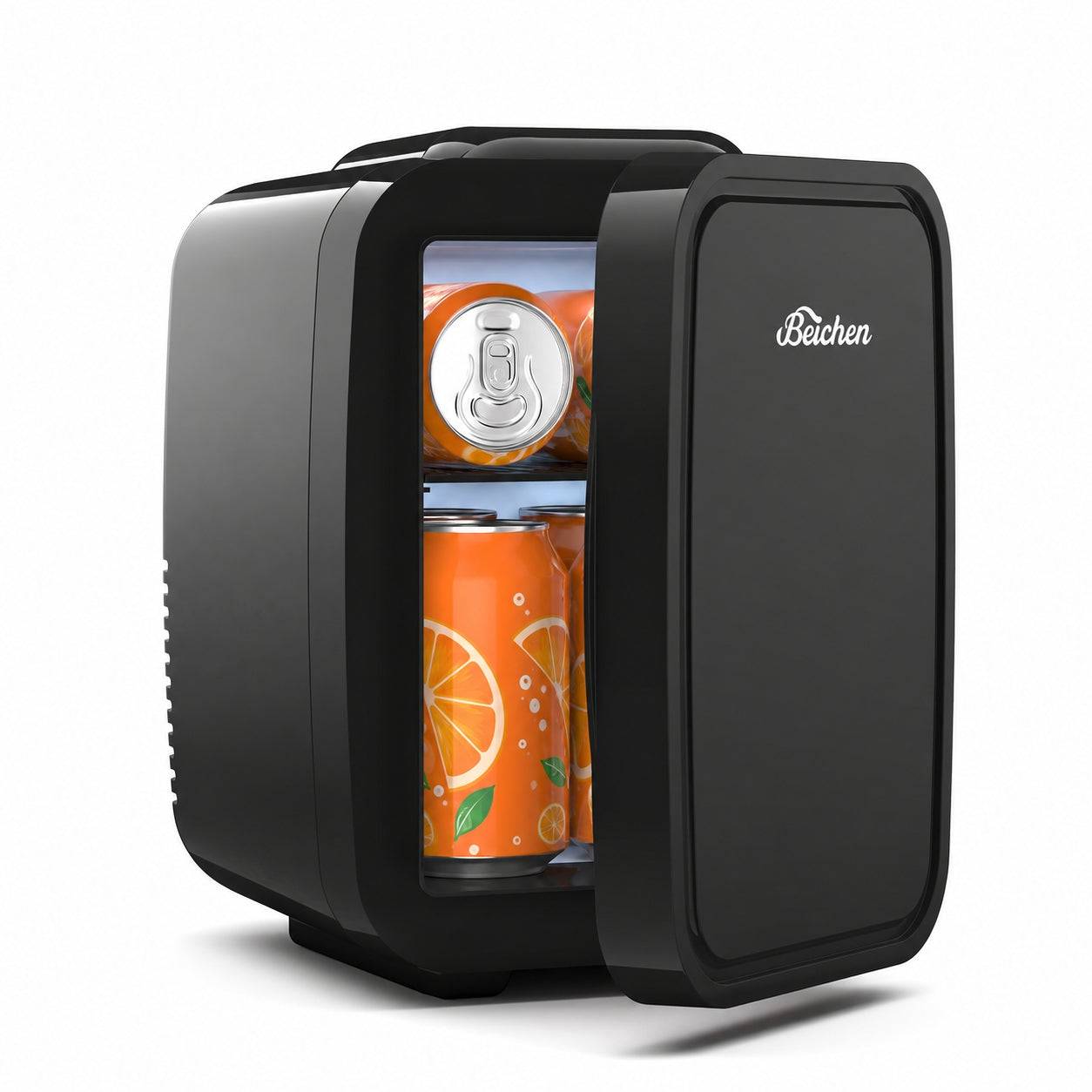 BEICHEN 4 liter black mini fridge open with drink cans inside