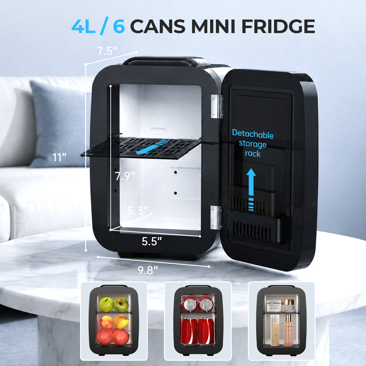 BEICHEN 4 liter mini fridge capacity and exterior and interior dimensions