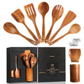 Upgraded Gift Box 9-Piece Teak Wooden Cooking Utensil Set with Spoon Rest