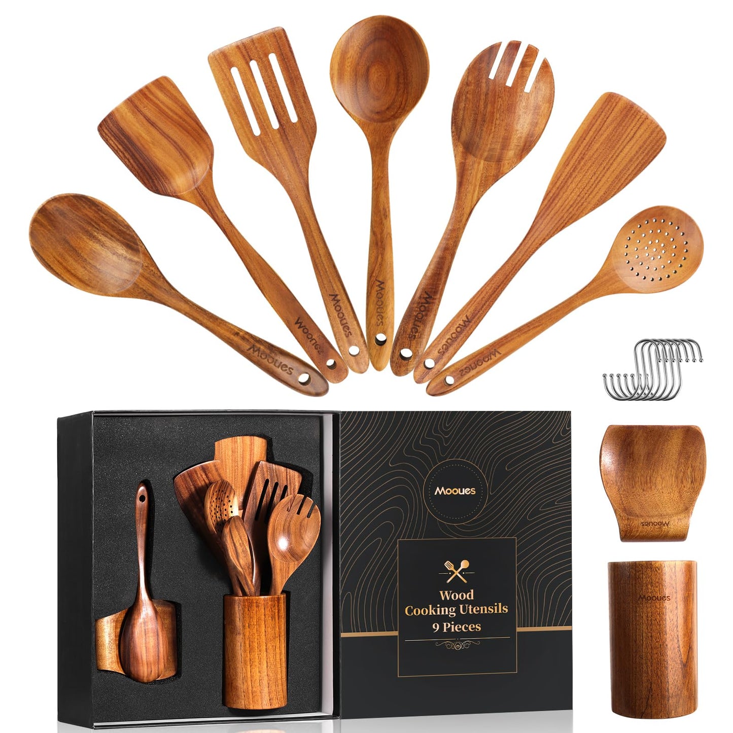 Upgraded Gift Box 9-Piece Teak Wooden Cooking Utensil Set with Spoon Rest