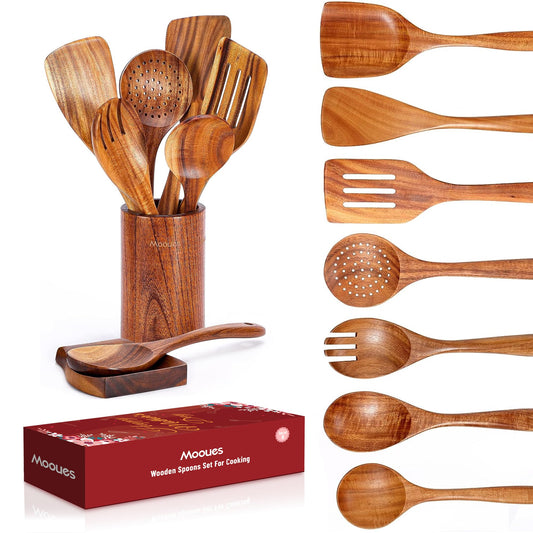 9-Piece Teak Wooden Utensils Set with Spoon Rest – Mother’s Day Limited Edition
