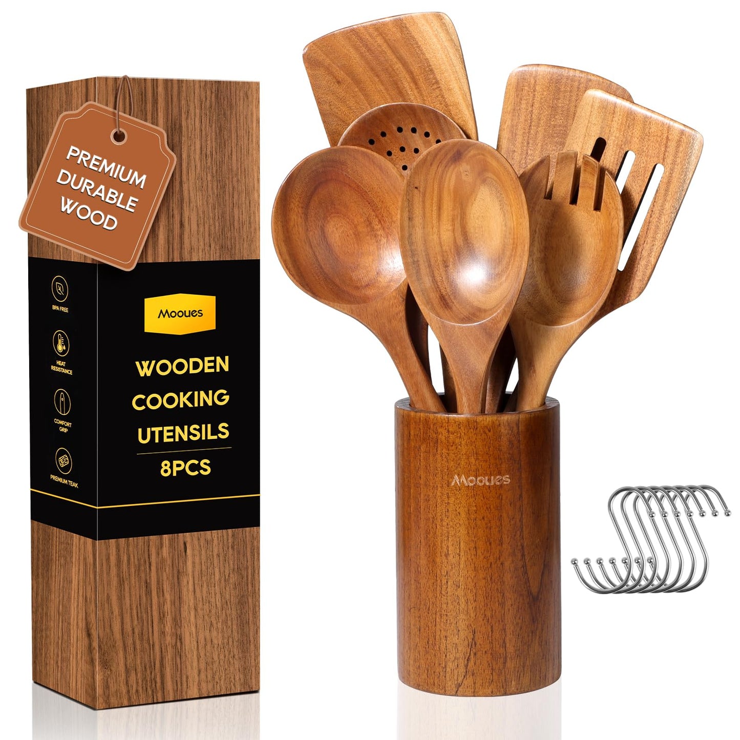 8-teiliges Kochgeschirr-Set aus Teakholz mit Haken