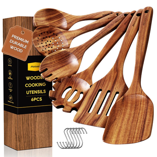 6PCS Teak Wood Cookware Utensil Set with Hooks