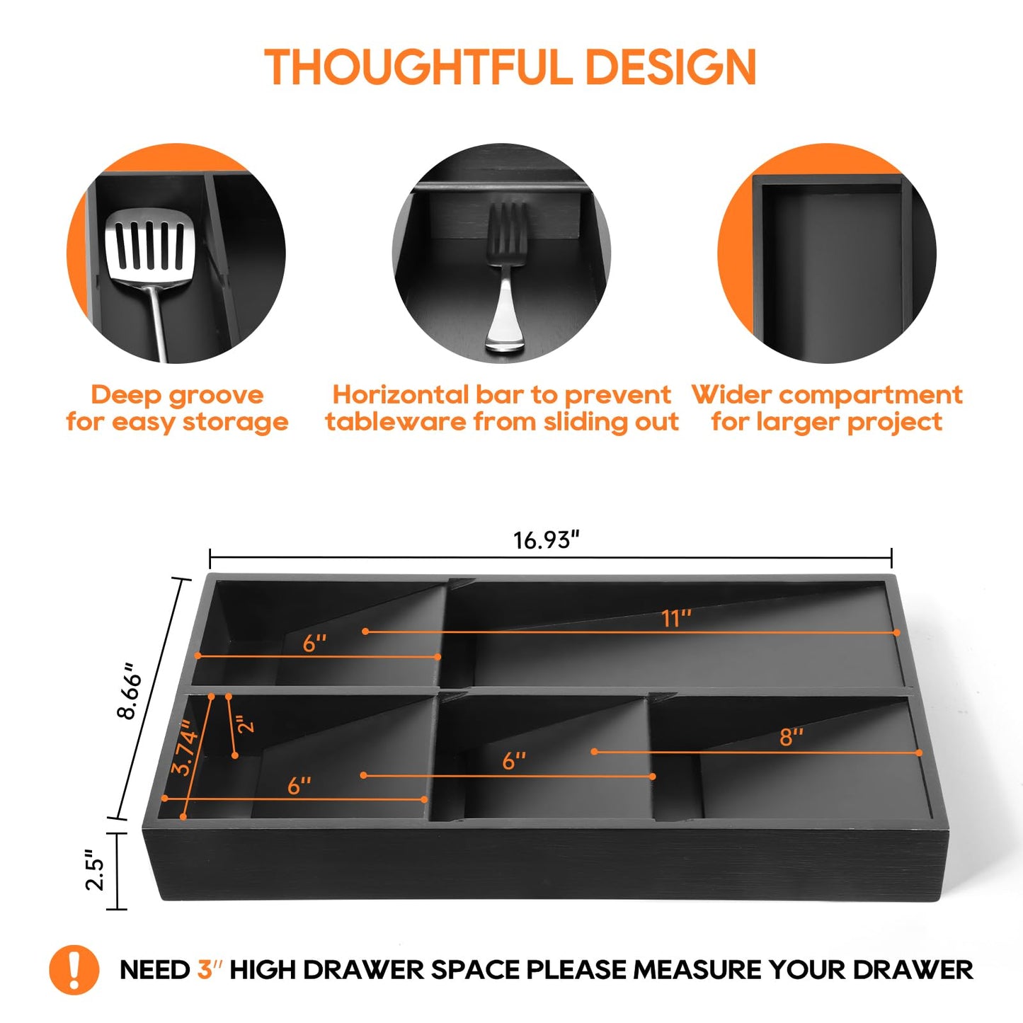 Bamboo Silverware Drawer Organizer-Removable Dividers