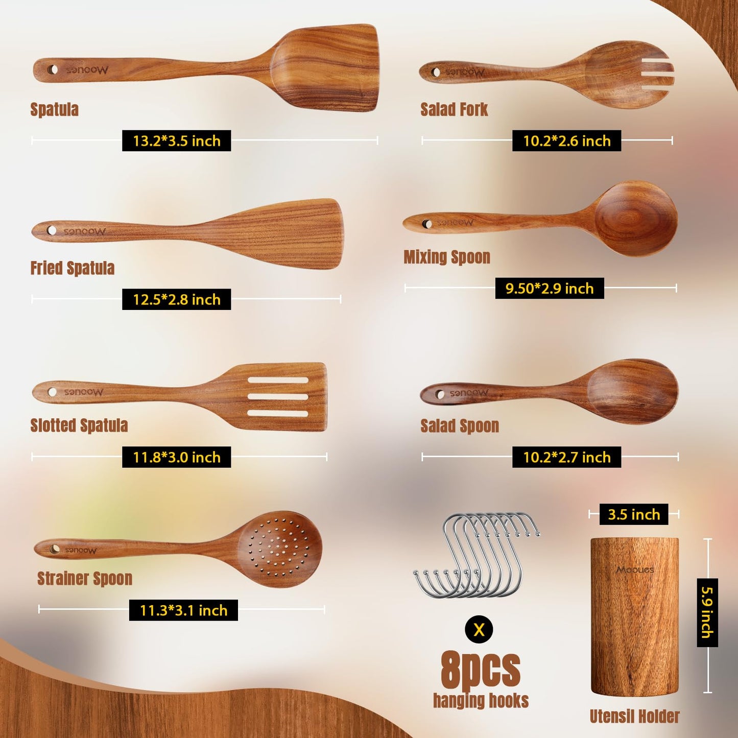 8-teiliges Kochgeschirr-Set aus Teakholz mit Haken