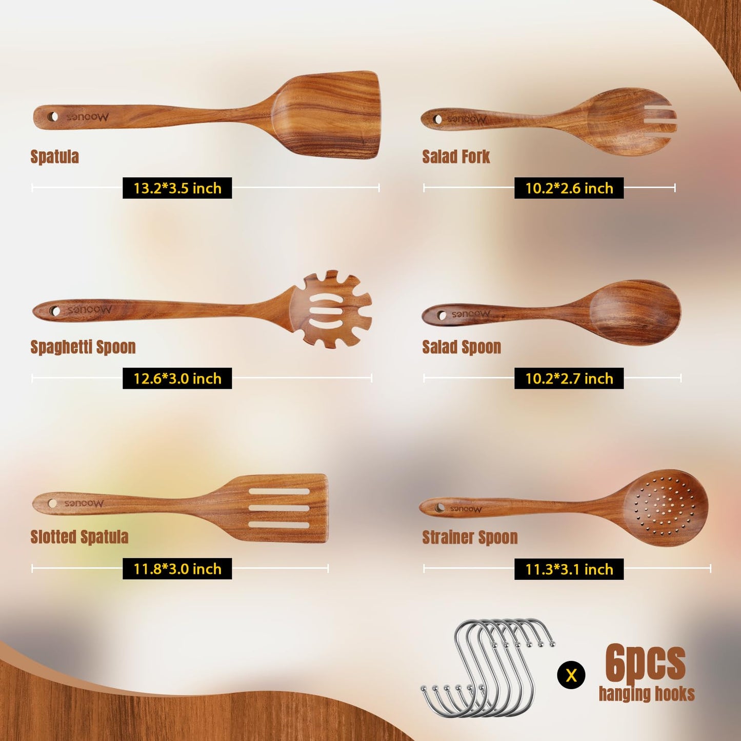 6PCS Teak Wood Cookware Utensil Set with Hooks
