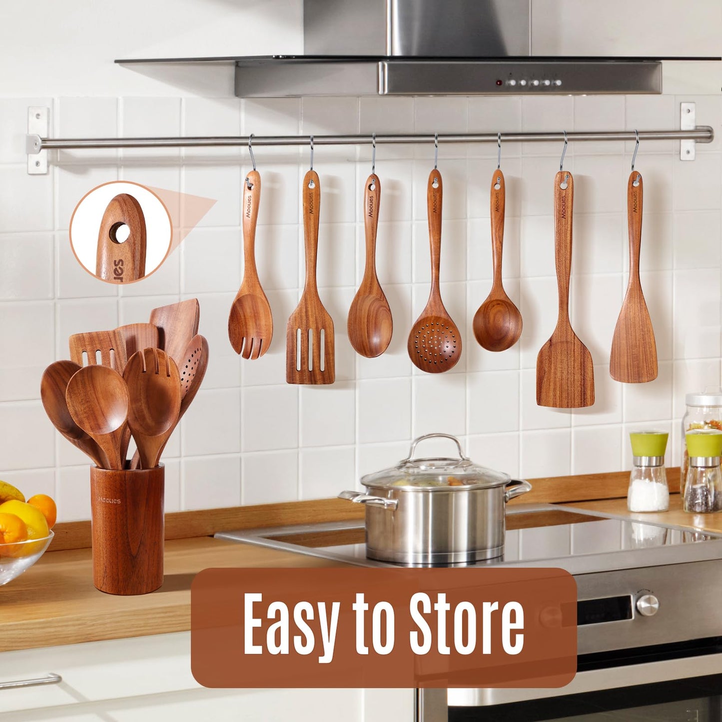 Upgraded Gift Box 9-Piece Teak Wooden Cooking Utensil Set with Spoon Rest