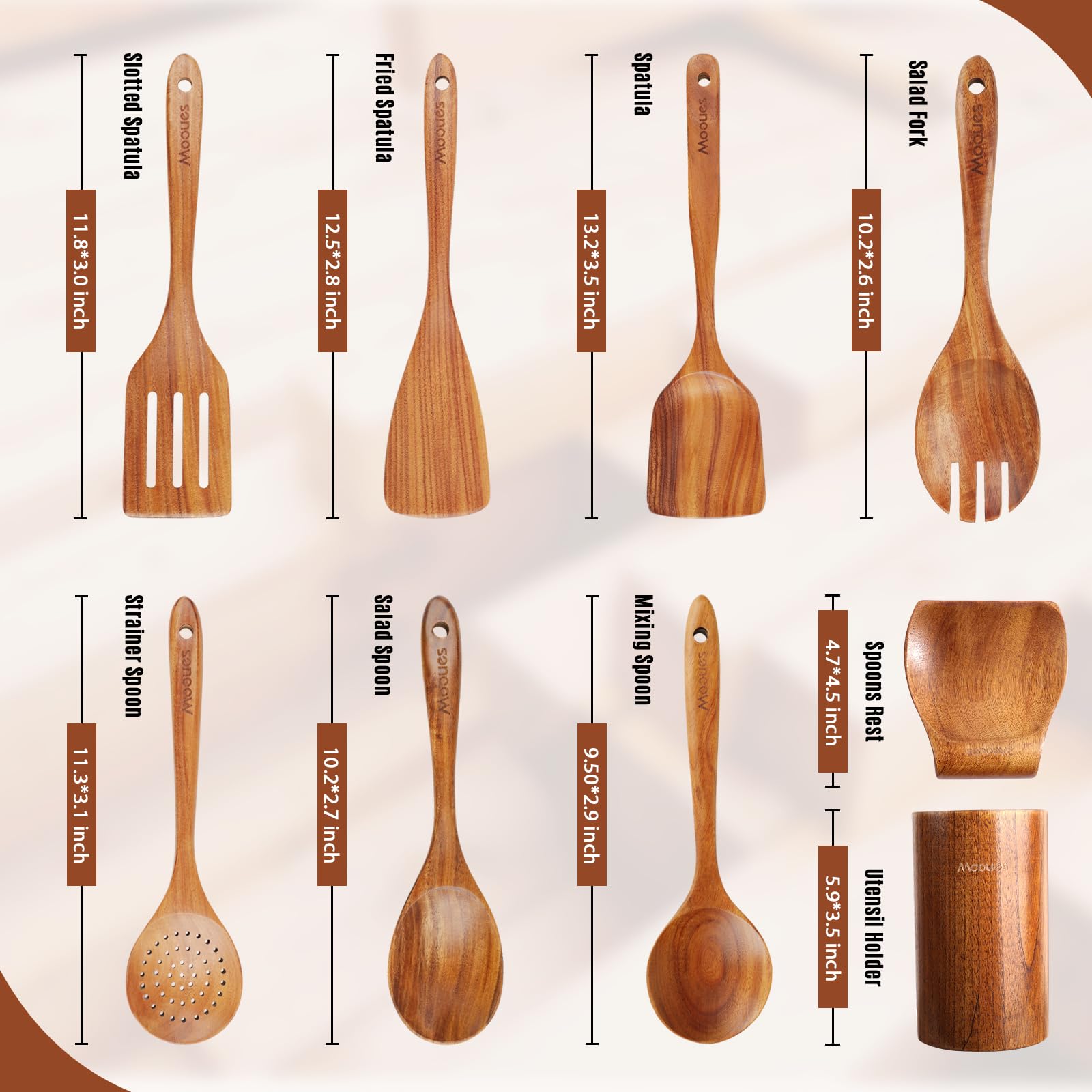 Upgraded Gift Box 9-Piece Teak Wooden Cooking Utensil Set with Spoon Rest
