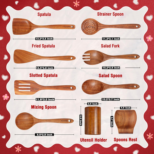 9-Piece Teak Wooden Utensils Set with Spoon Rest – Mother’s Day Limited Edition