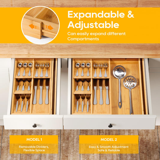 Expandable Bamboo Silverware Drawer Organizer With Removable Dividers