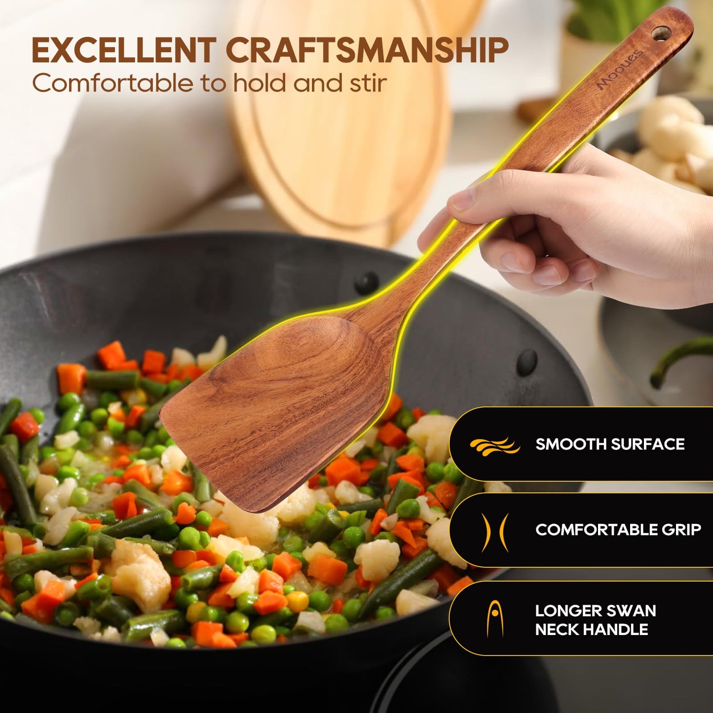 6PCS Teak Wood Cookware Utensil Set with Hooks