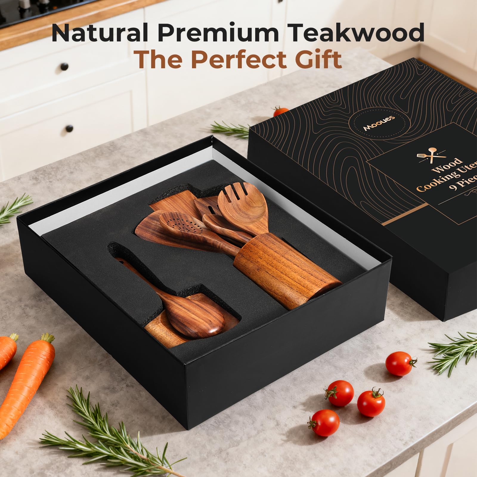 Upgraded Gift Box 9-Piece Teak Wooden Cooking Utensil Set with Spoon Rest