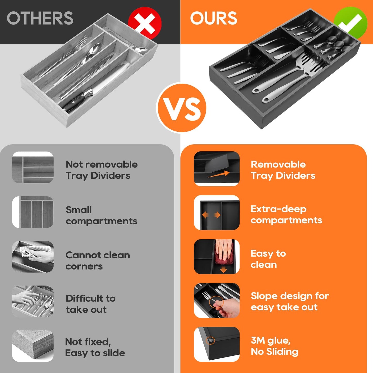 Bamboo Silverware Drawer Organizer-Removable Dividers