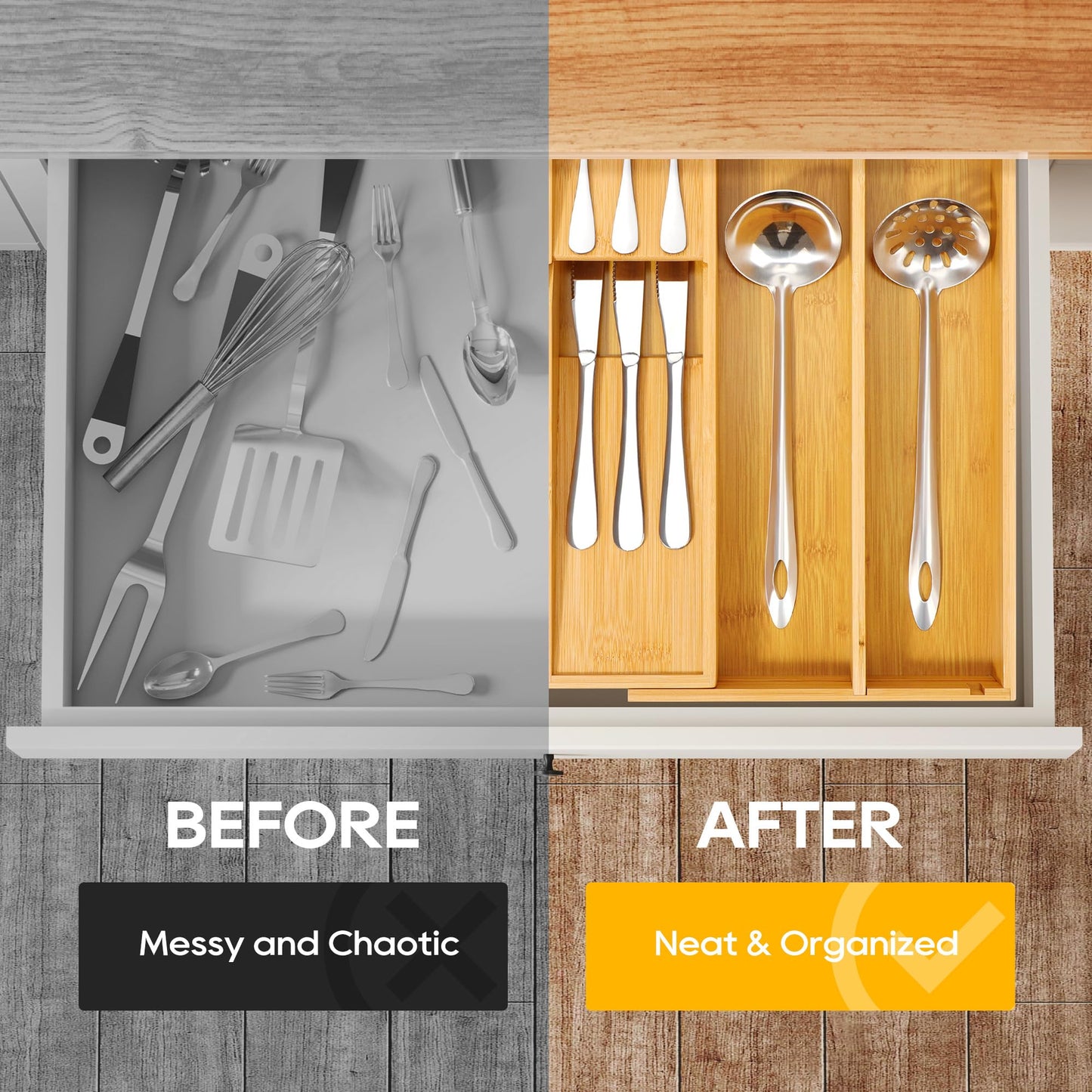 Expandable Bamboo Silverware Drawer Organizer With Removable Dividers