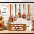 6PCS Teak Wood Cookware Utensil Set with Hooks