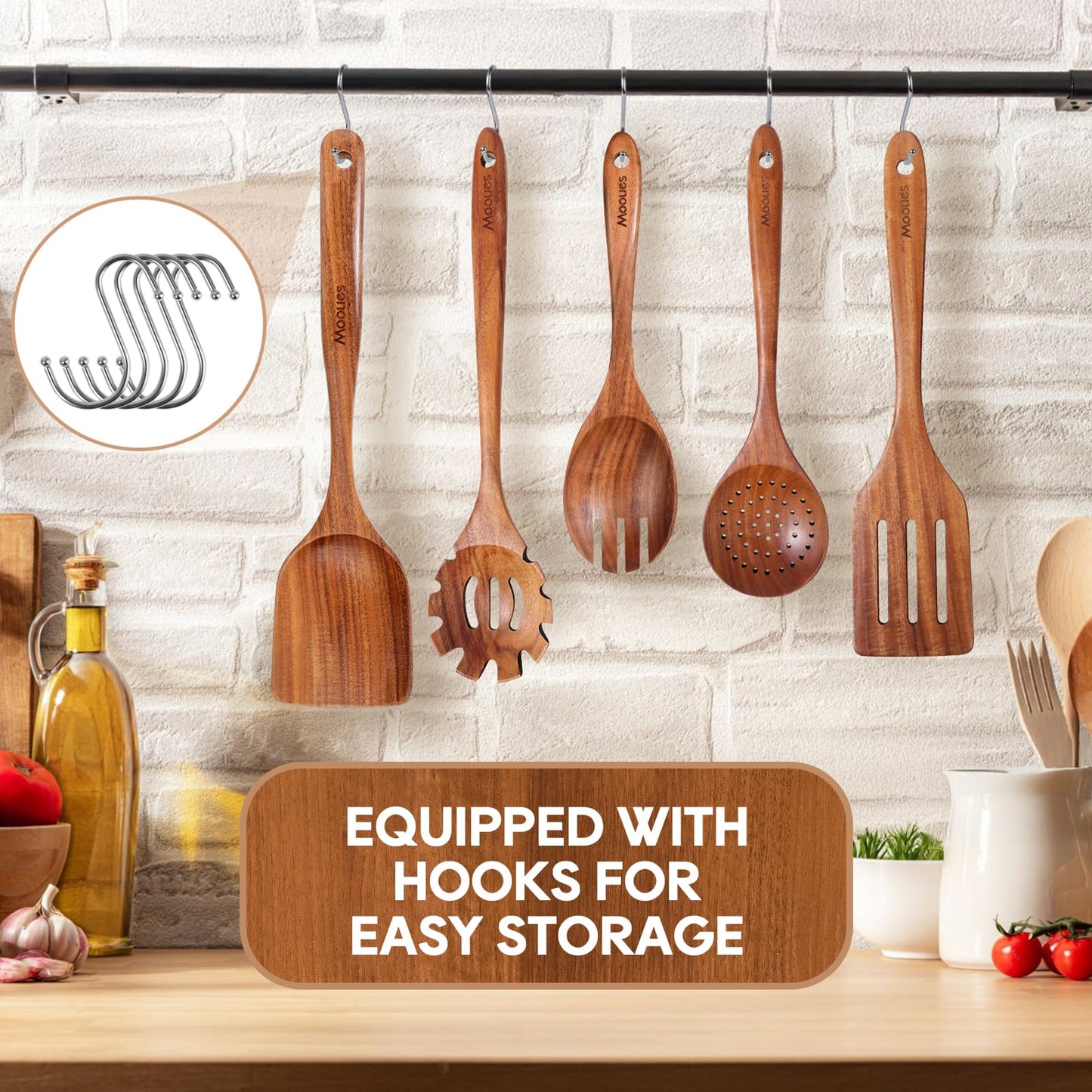 6PCS Teak Wood Cookware Utensil Set with Hooks