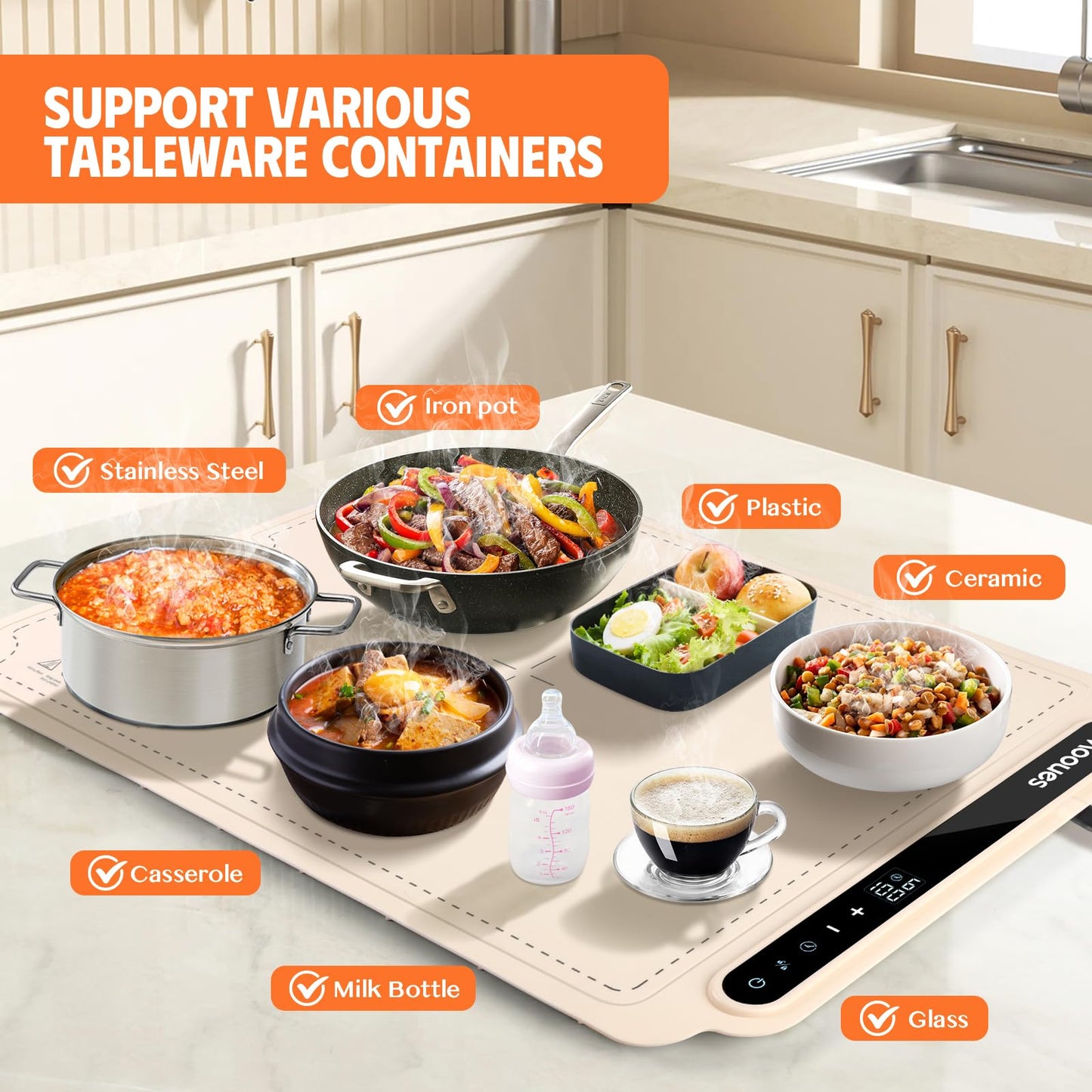 Portable Silicone Food Warming Mat – 7 Temp Levels & Timer
