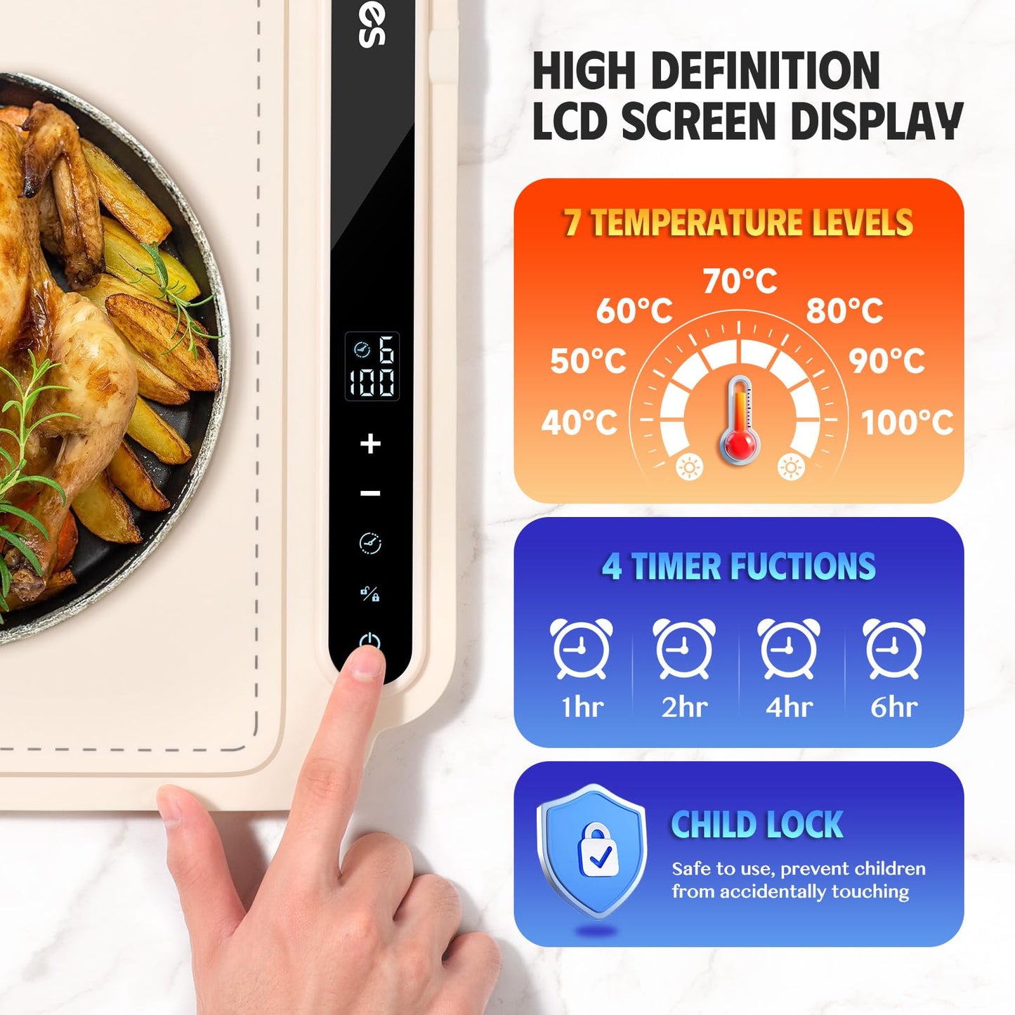 Portable Silicone Food Warming Mat – 7 Temp Levels & Timer