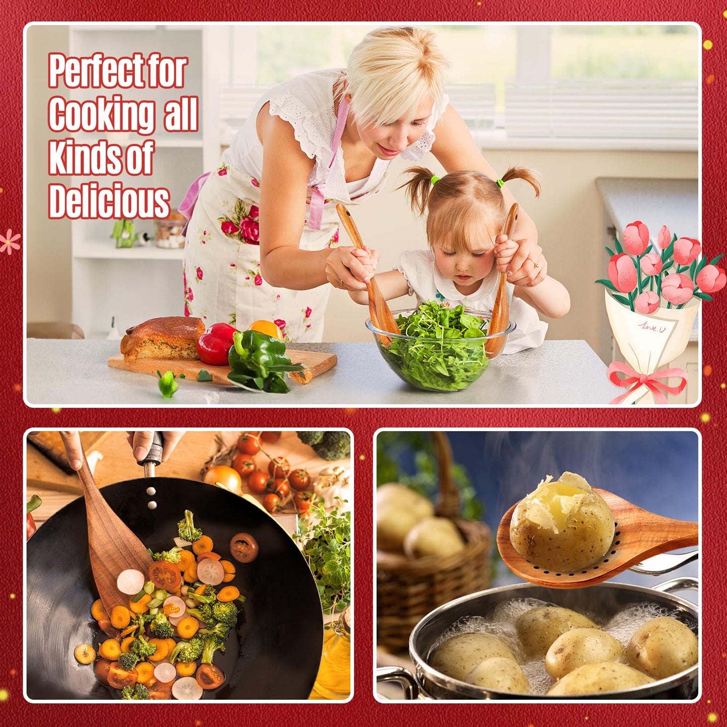9-Piece Teak Wooden Utensils Set with Spoon Rest – Mother’s Day Limited Edition