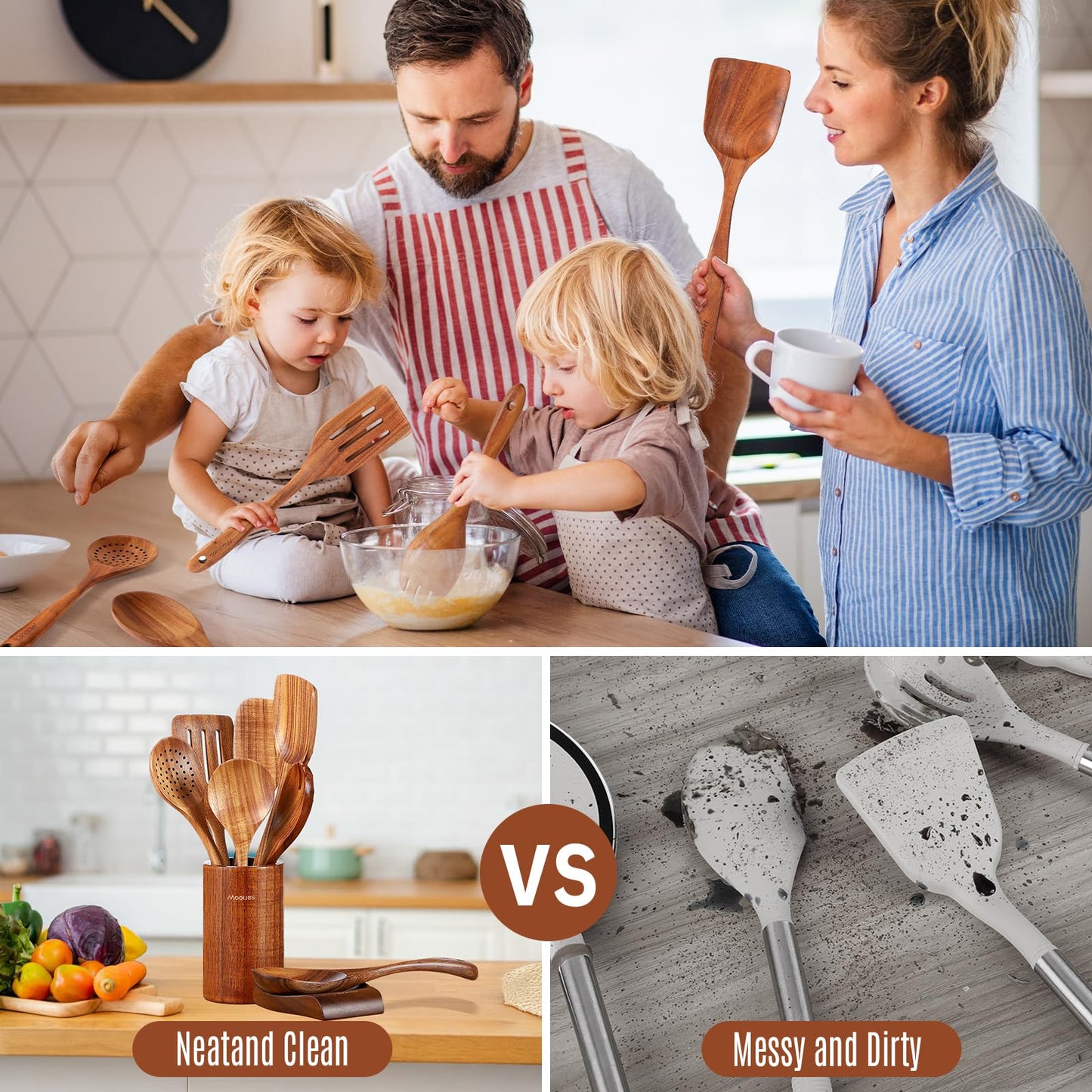 Upgraded Gift Box 9-Piece Teak Wooden Cooking Utensil Set with Spoon Rest