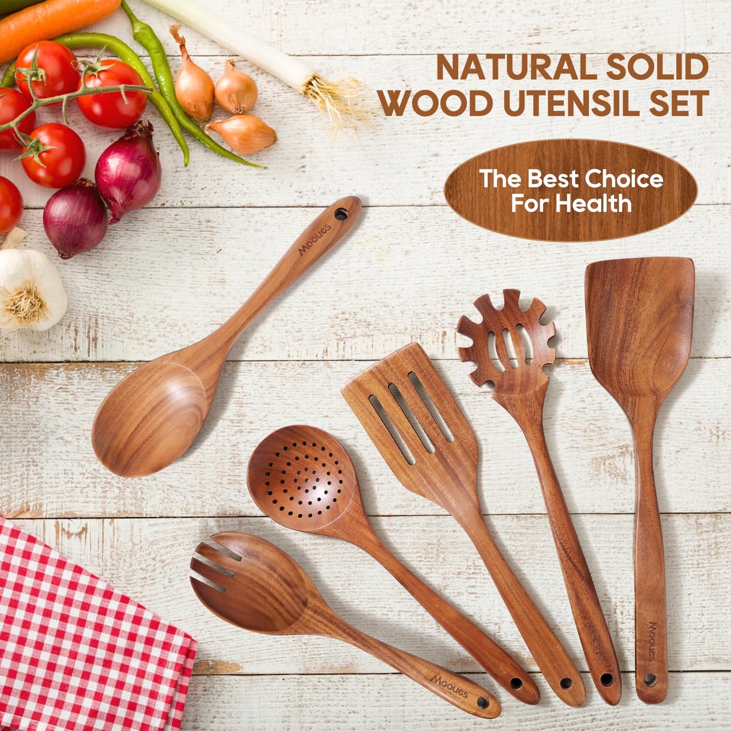 6PCS Teak Wood Cookware Utensil Set with Hooks