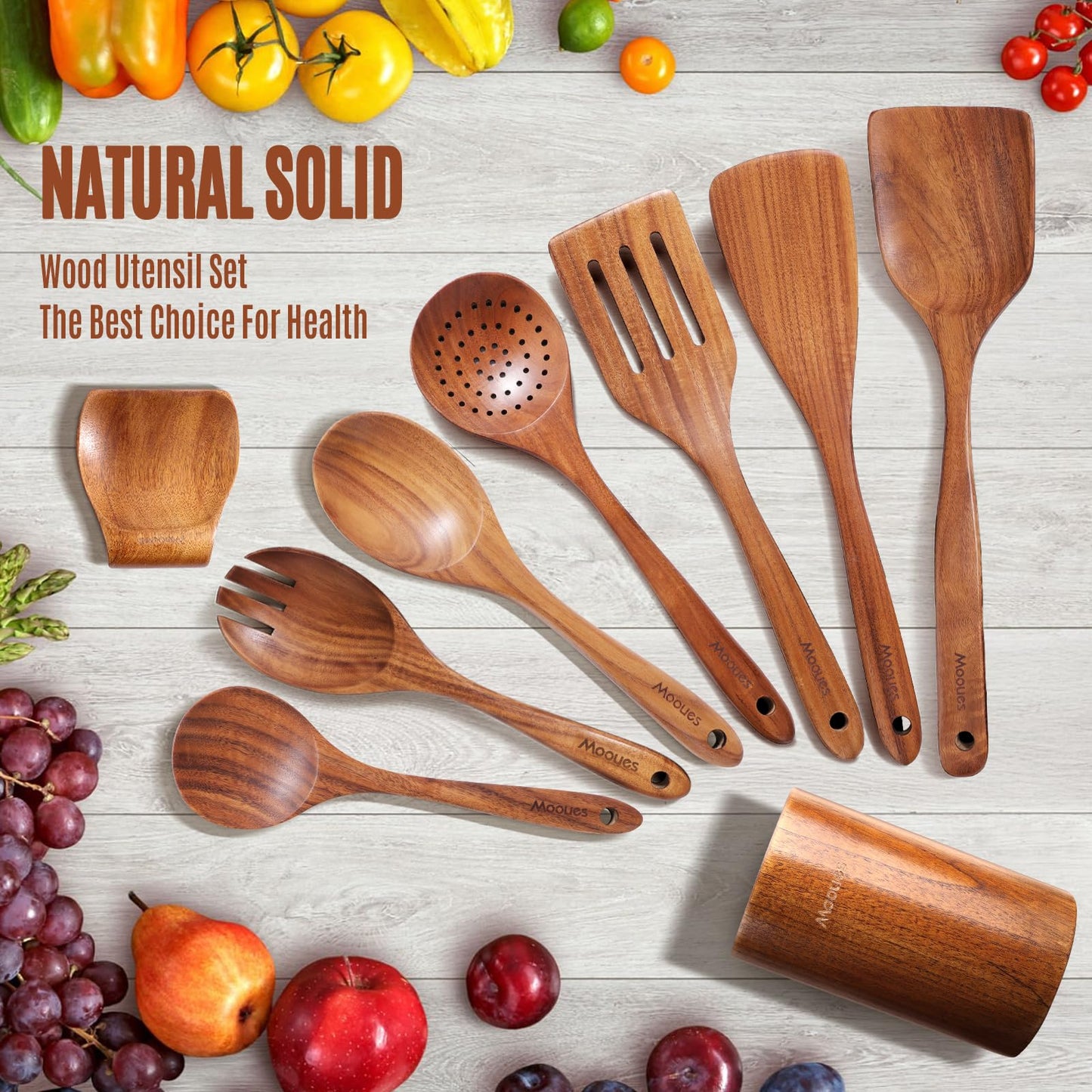 Upgraded Gift Box 9-Piece Teak Wooden Cooking Utensil Set with Spoon Rest