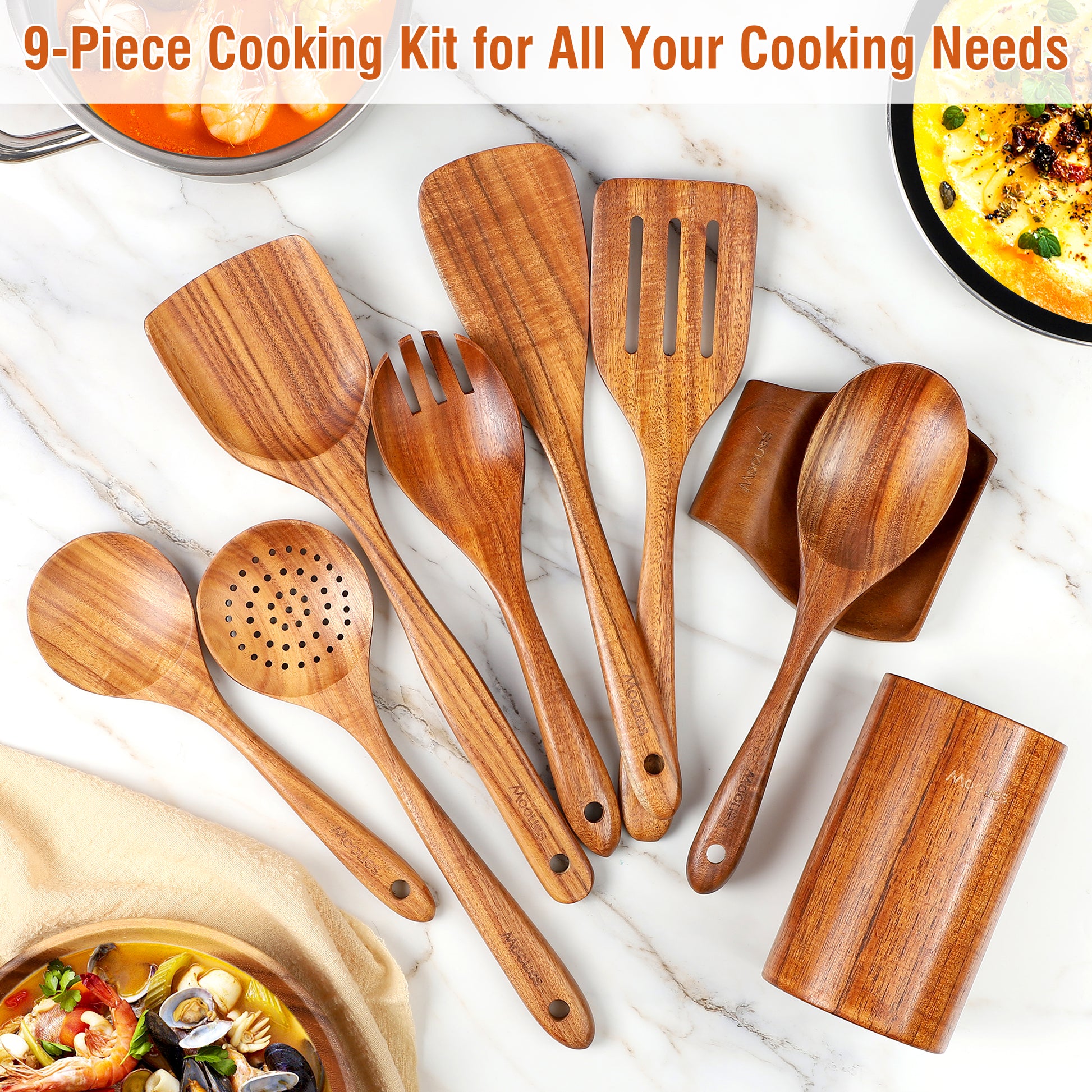 Complete 9-piece Mooues teak wooden cooking utensil set with spoon rest