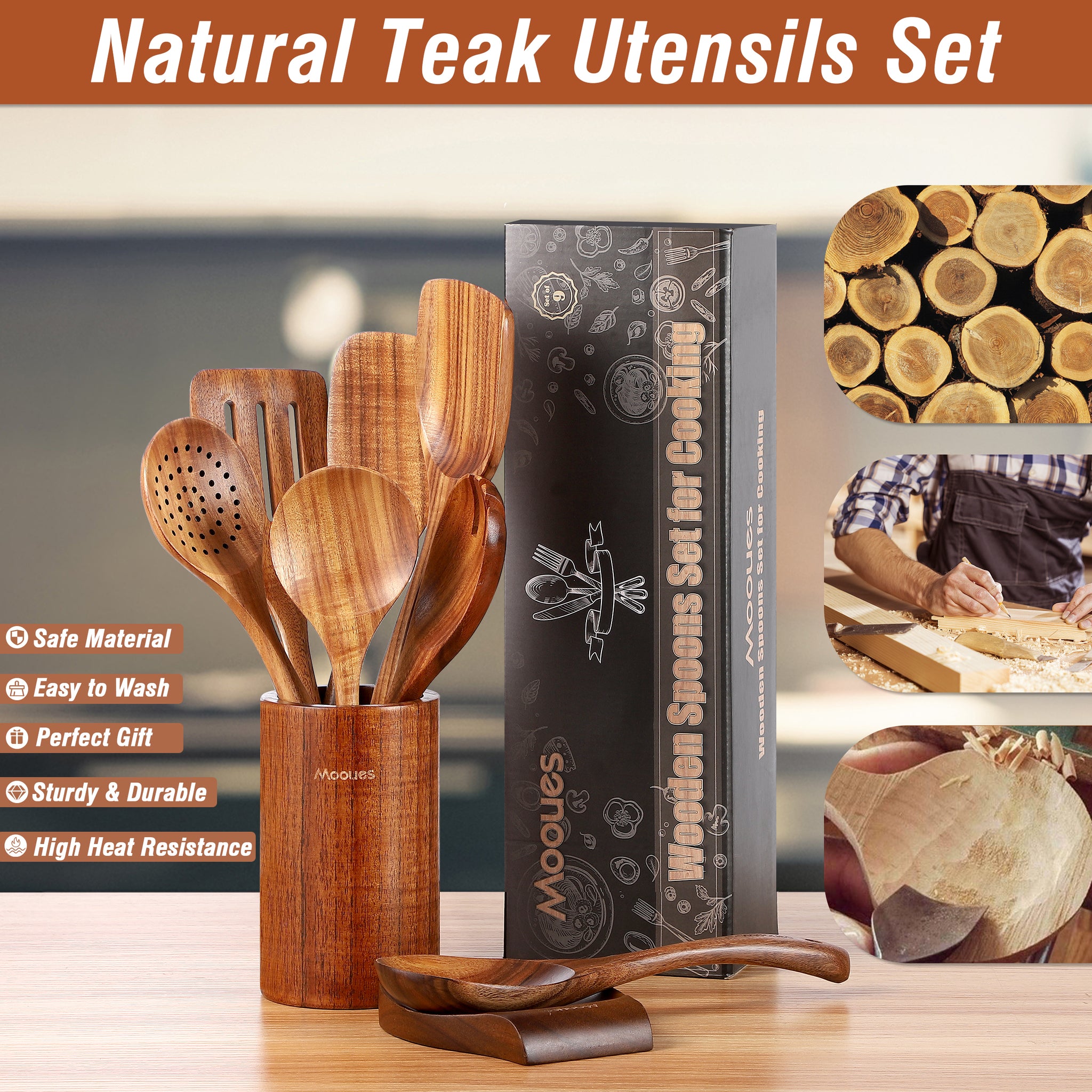Gift-ready packaging for Mooues 9-piece teak kitchen utensil set