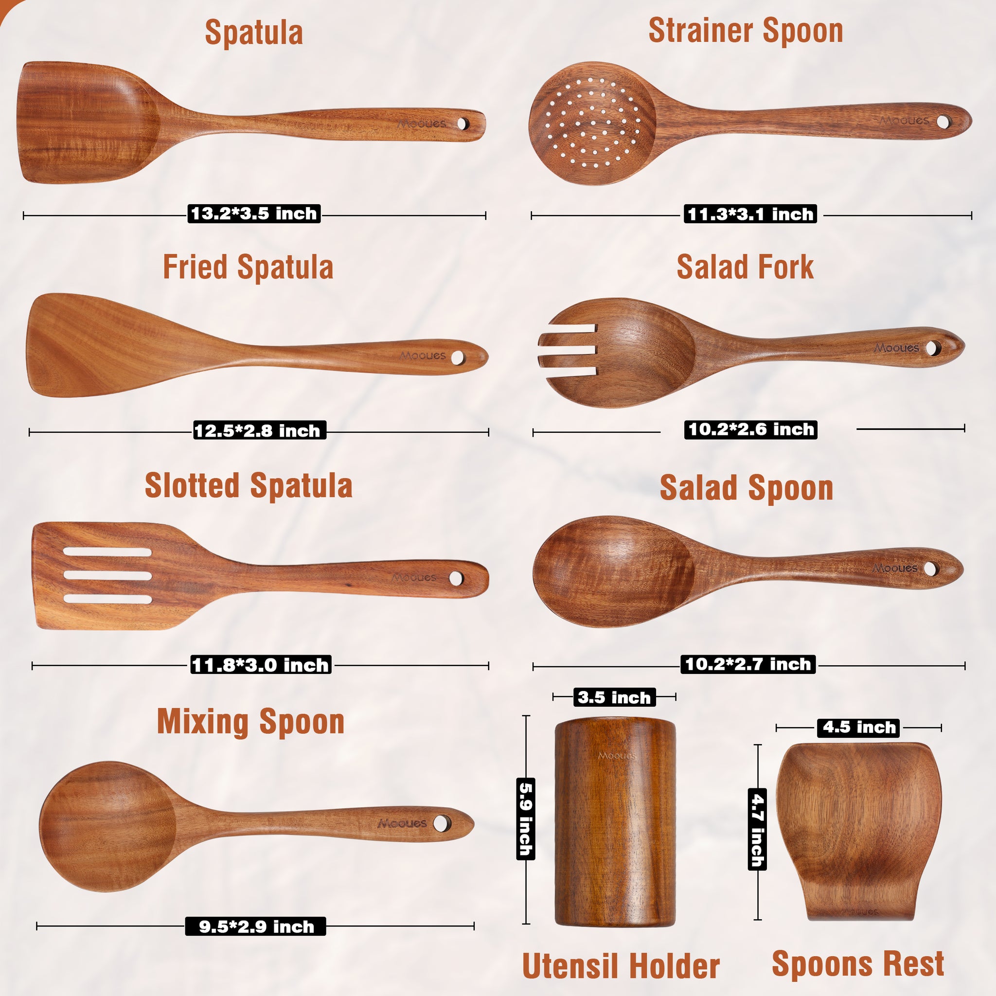 Mooues teak kitchen utensil set – full size chart of all 9 wooden tools