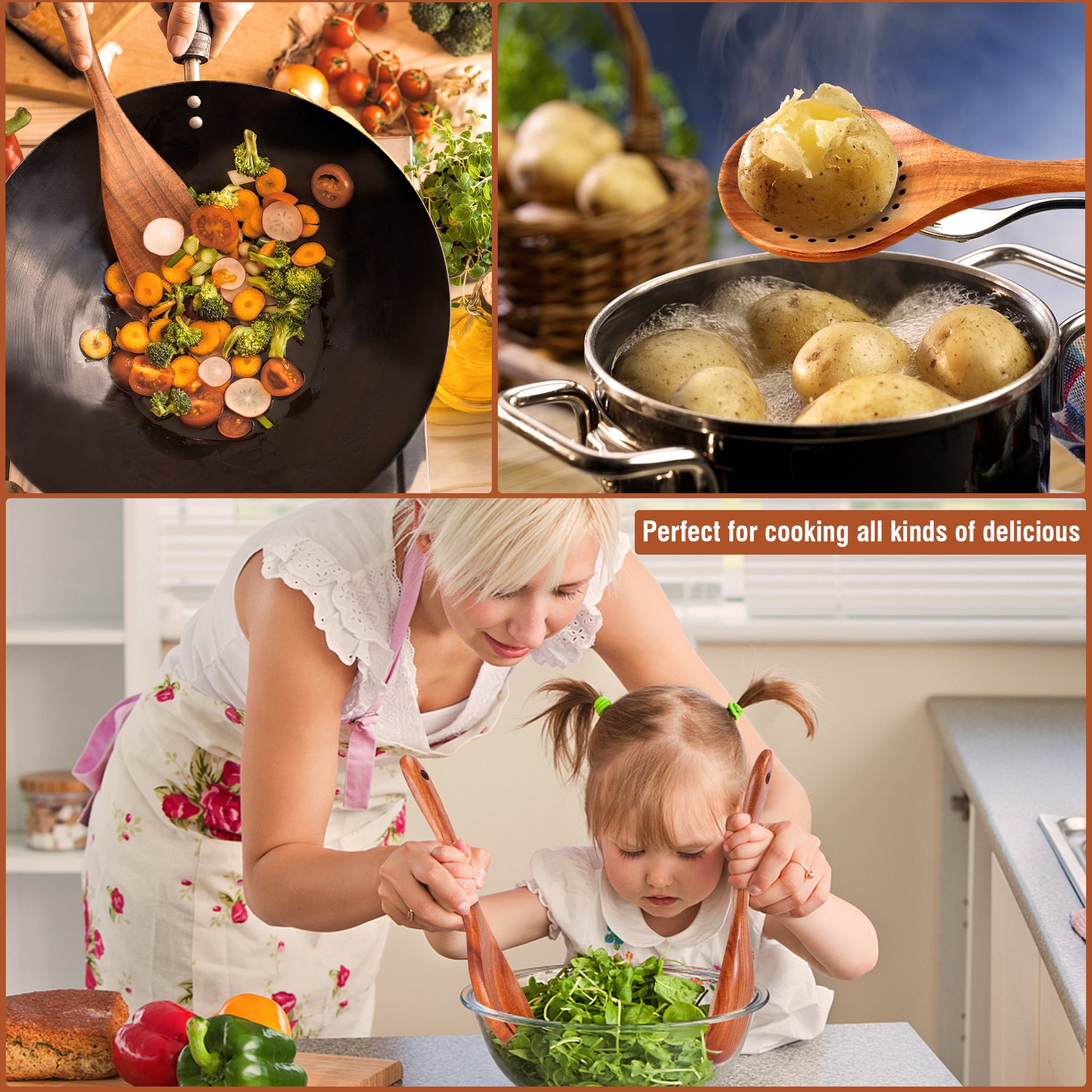 Mooues wooden cooking utensils in a modern kitchen setting