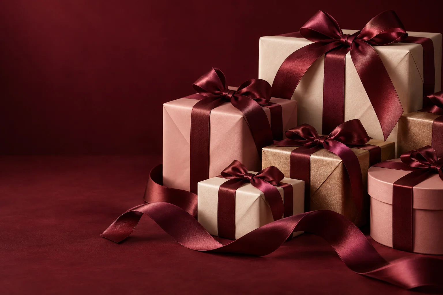 Cream and blush gift boxes tied with burgundy satin ribbons