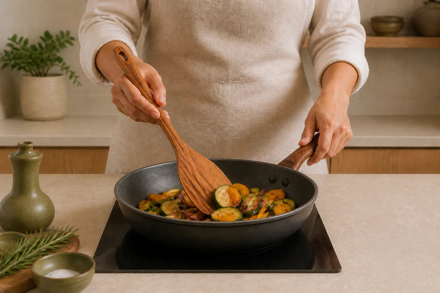 A cook using a Mooues flat teak spatula to turn vegetables in a skillet