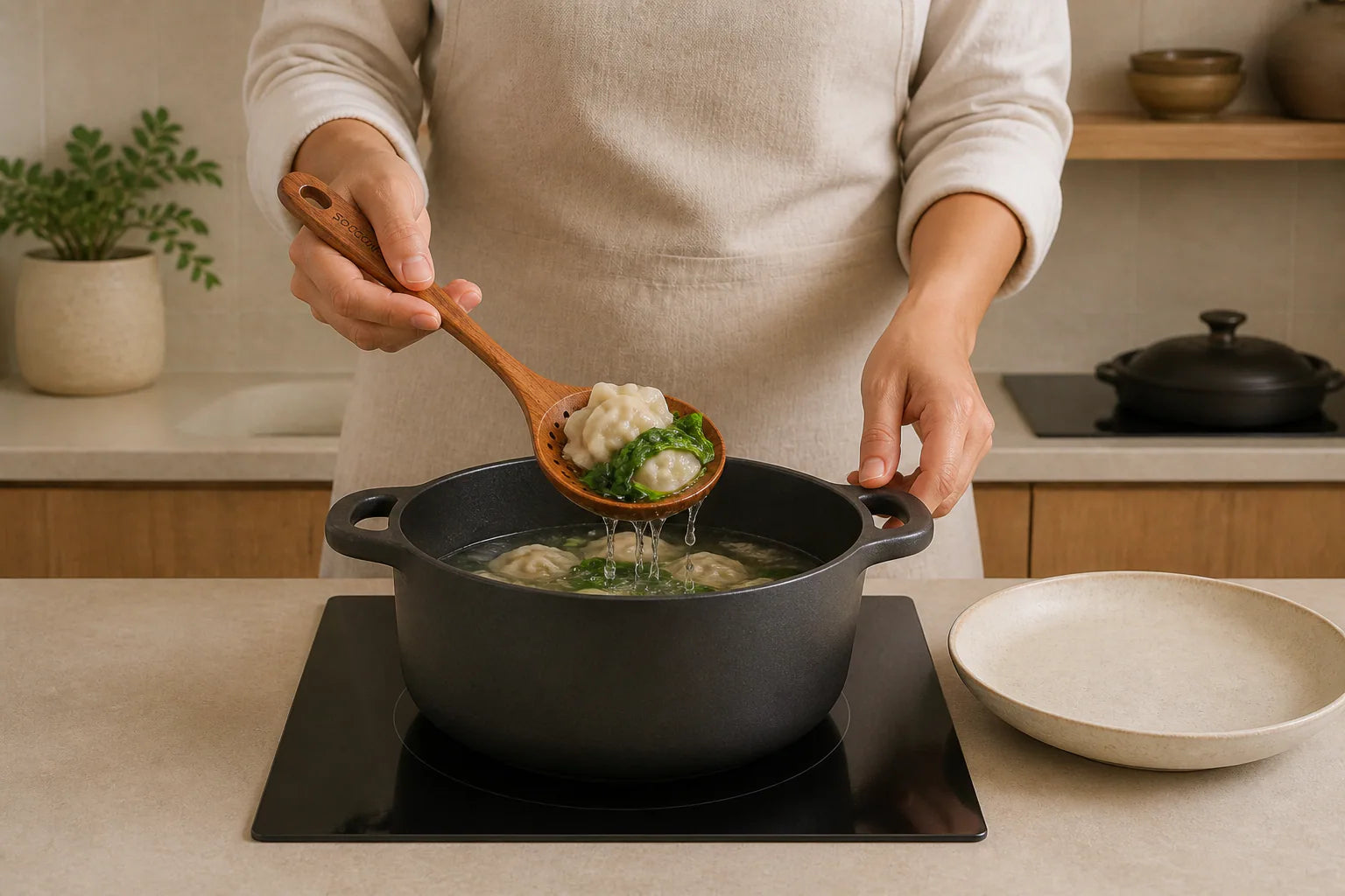 A Mooues teak strainer spoon lifting dumplings while cooking water drains back into the pot