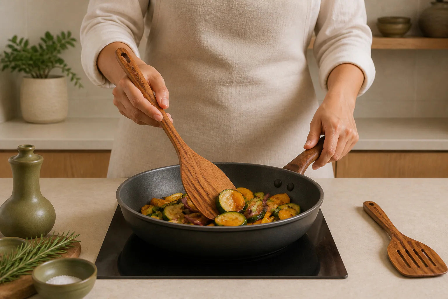 A cook using a Mooues flat teak spatula to turn vegetables in a skillet