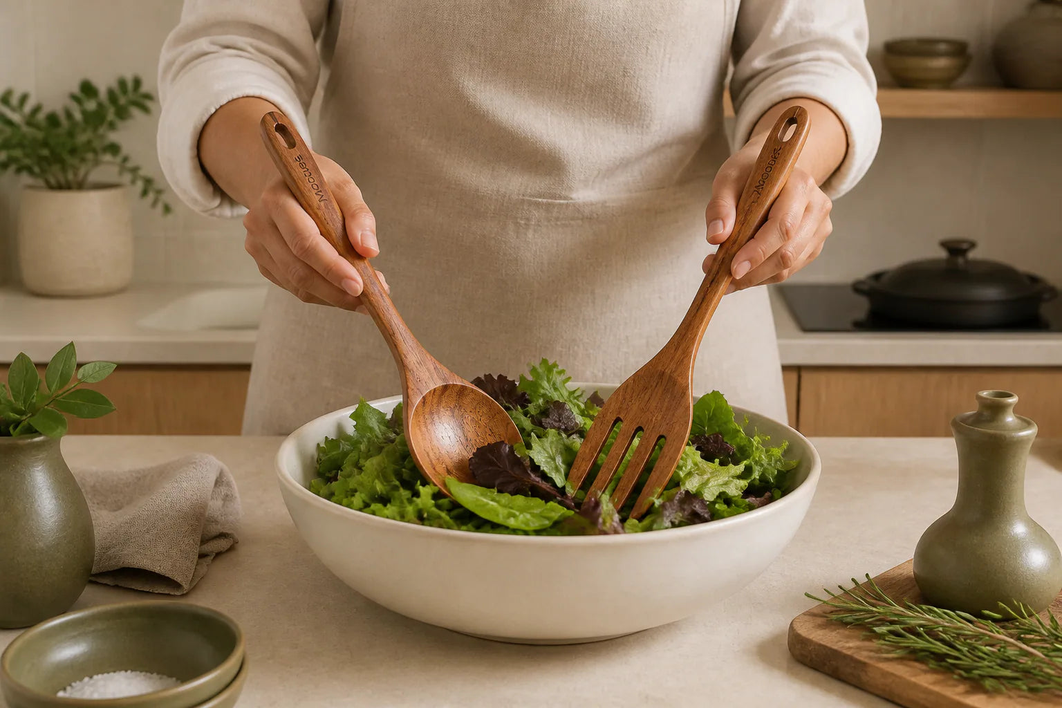 A cook tossing salad with the matched Mooues teak salad fork and spoon