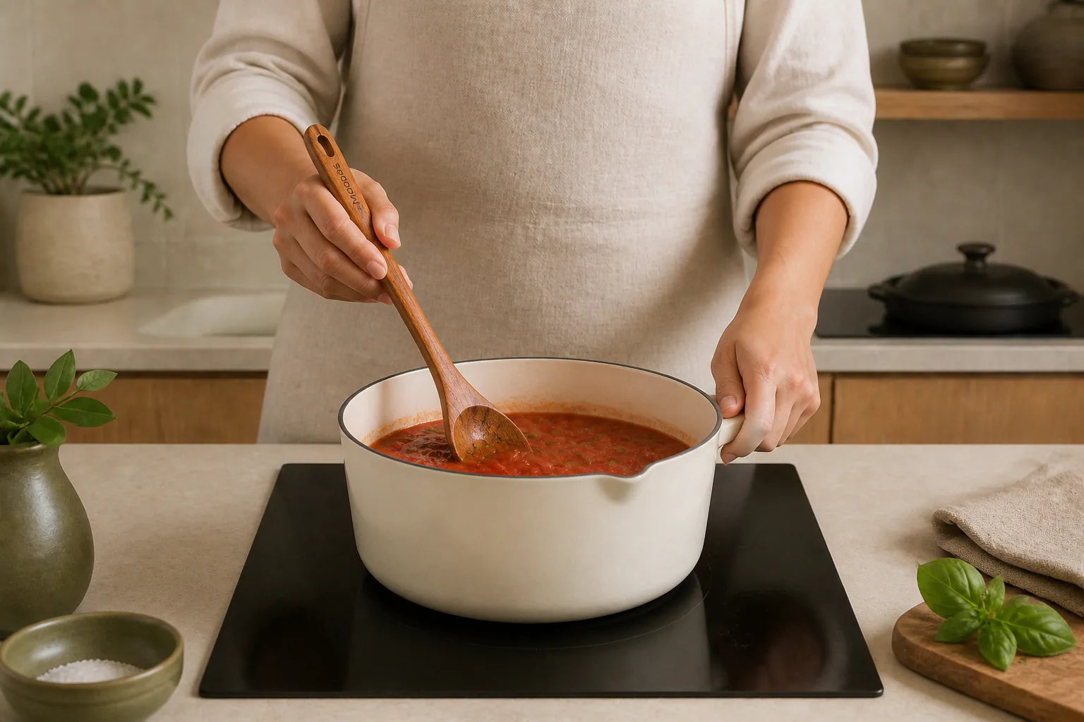 A cook using the Mooues teak mixing spoon to stir tomato sauce